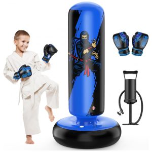QPAU Bolsa de Pancadas Inflável para Crianças 168 cm com Luvas de Boxe - Azul Ideal para Karatê Taekwondo e MMA