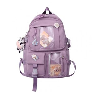 Mochila feminina escolar Eagerrich rosa com acessórios decorativos impermeável 25L