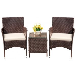 Conjunto de Móveis de Varanda Devoko 3 Peças de Vime de PE com Cadeiras e Mesa para Área Externa - Marrom/Bege