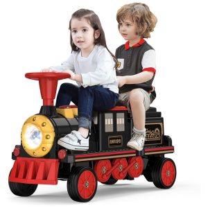 Trem Elétrico Infantil a Bateria 12V com Assento Ajustável Música Farol e Apito ANPABO Preto