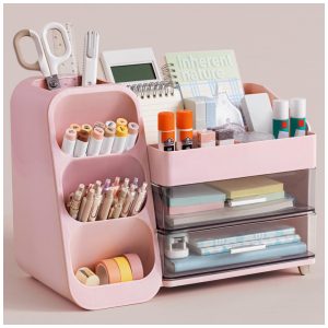 Organizador de mesa HBlife rosa com porta‑canetas 4 compartimentos superiores e 2 gavetas para escritório casa e escola
