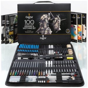 Kit Lápis de Cor Profissional com Maleta 100 peças Tintas Acrílicas Aquarela Castle Art Supplies