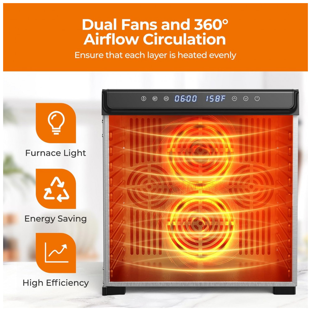 Desidratador de Alimentos e Jerky, Desidratador de Alimentos em Aço Inoxidável de 10 Bandejas, 1100W com Ventiladores Duais, YASHE - Imagem 2