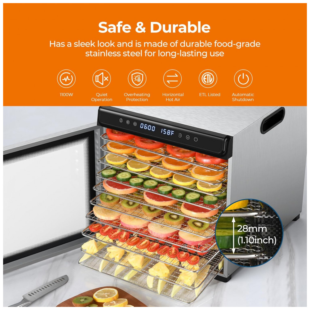 Desidratador de Alimentos e Jerky, Desidratador de Alimentos em Aço Inoxidável de 10 Bandejas, 1100W com Ventiladores Duais, YASHE - Imagem 4