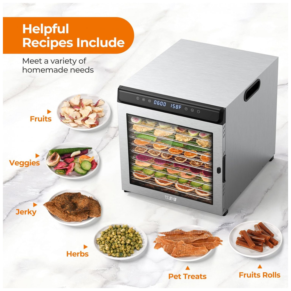 Desidratador de Alimentos e Jerky, Desidratador de Alimentos em Aço Inoxidável de 10 Bandejas, 1100W com Ventiladores Duais, YASHE - Imagem 5