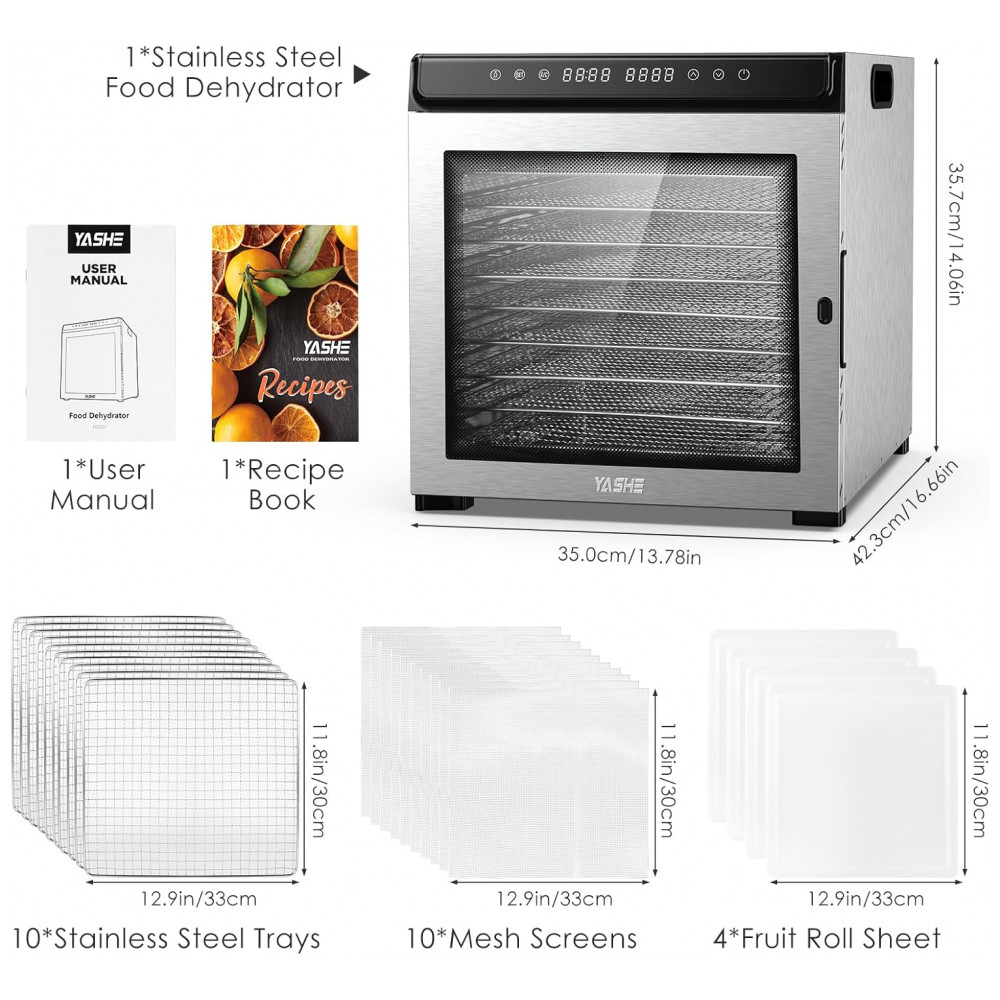 Desidratador de Alimentos e Jerky, Desidratador de Alimentos em Aço Inoxidável de 10 Bandejas, 1100W com Ventiladores Duais, YASHE - Imagem 7