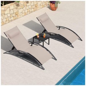 Espreguiçadeiras Grandes com Mesa Lateral Cadeiras Reclináveis Ajustáveis para Piscina Praia e JardimPURPLE LEAF