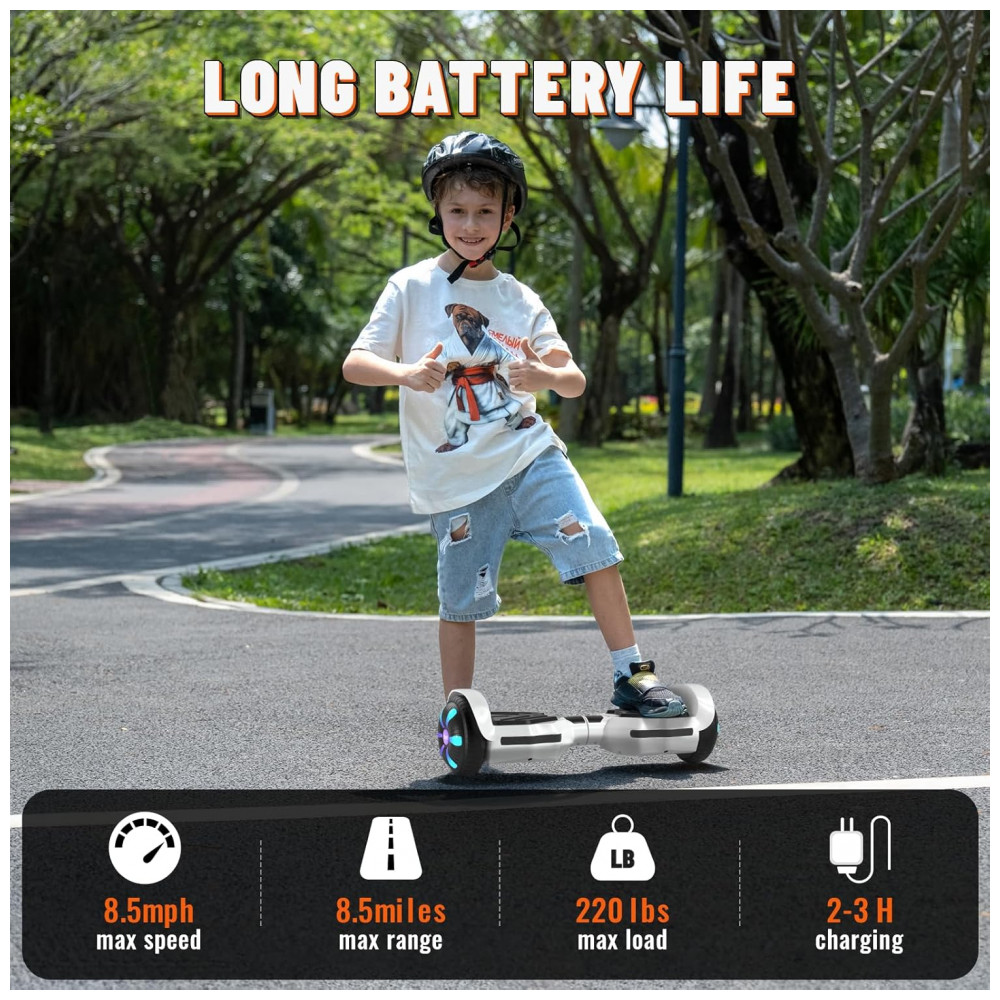 Hoverboard SIMATE Branco 6,5" com Luzes LED, Bluetooth e Certificação UL2272 – Até 13,7 km/h, Autonomia de 12,8 km - Imagem 3