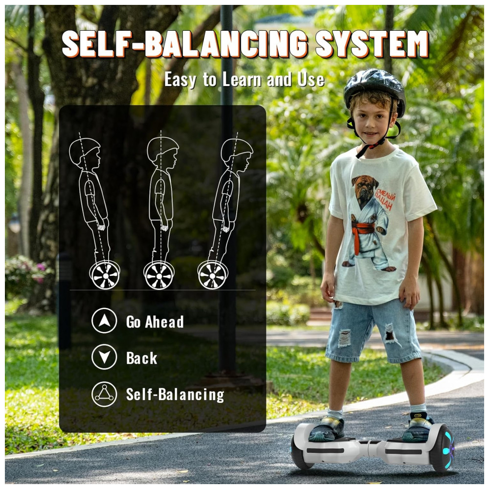 Hoverboard SIMATE Branco 6,5" com Luzes LED, Bluetooth e Certificação UL2272 – Até 13,7 km/h, Autonomia de 12,8 km - Imagem 4