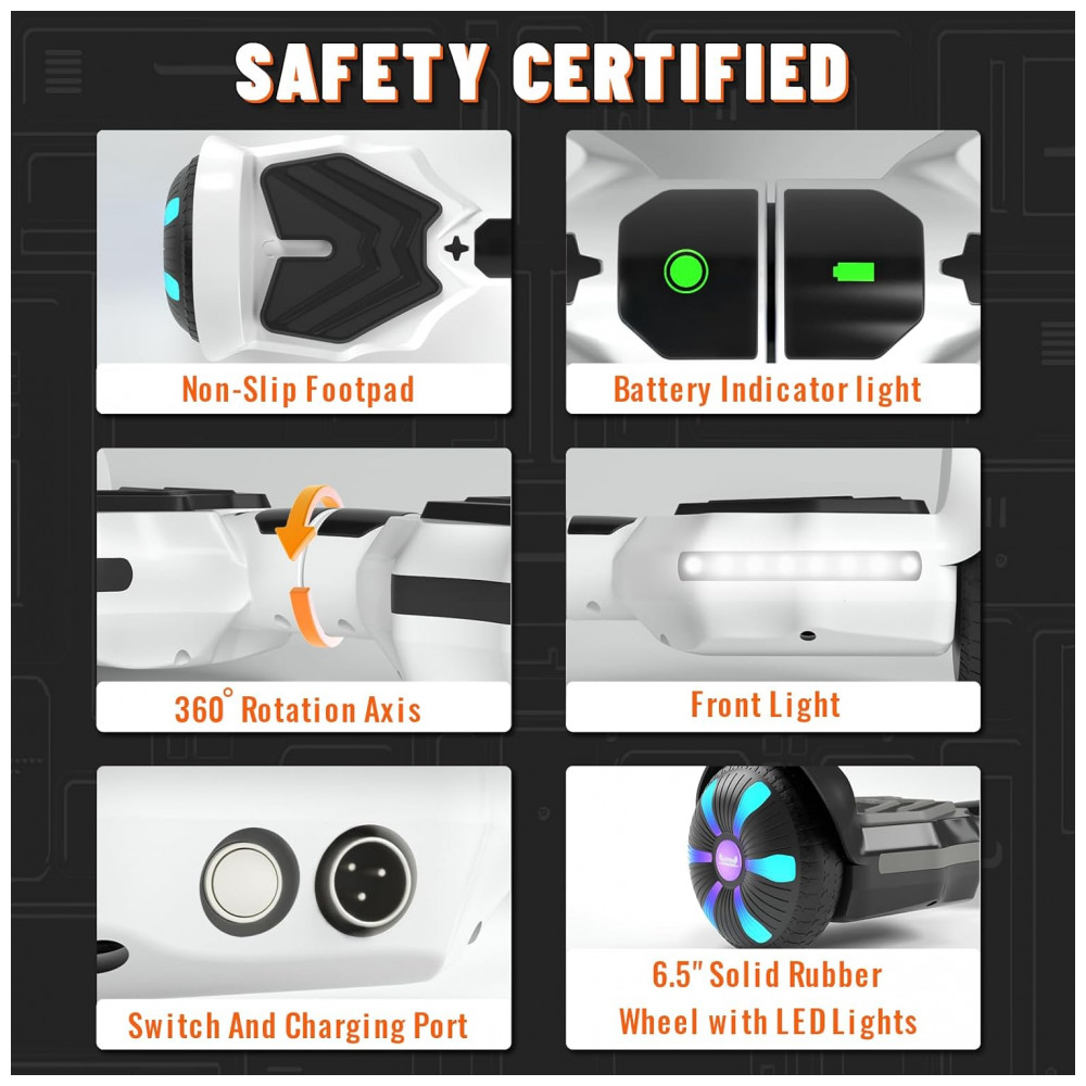 Hoverboard SIMATE Branco 6,5" com Luzes LED, Bluetooth e Certificação UL2272 – Até 13,7 km/h, Autonomia de 12,8 km - Imagem 5