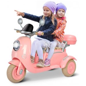 Moto Elétrica Infantil Letsgoride 12V Rosa Claro 2 Lugares 3 Rodas com Controle Remoto Baú Bluetooth LED e Buzina 2x50W