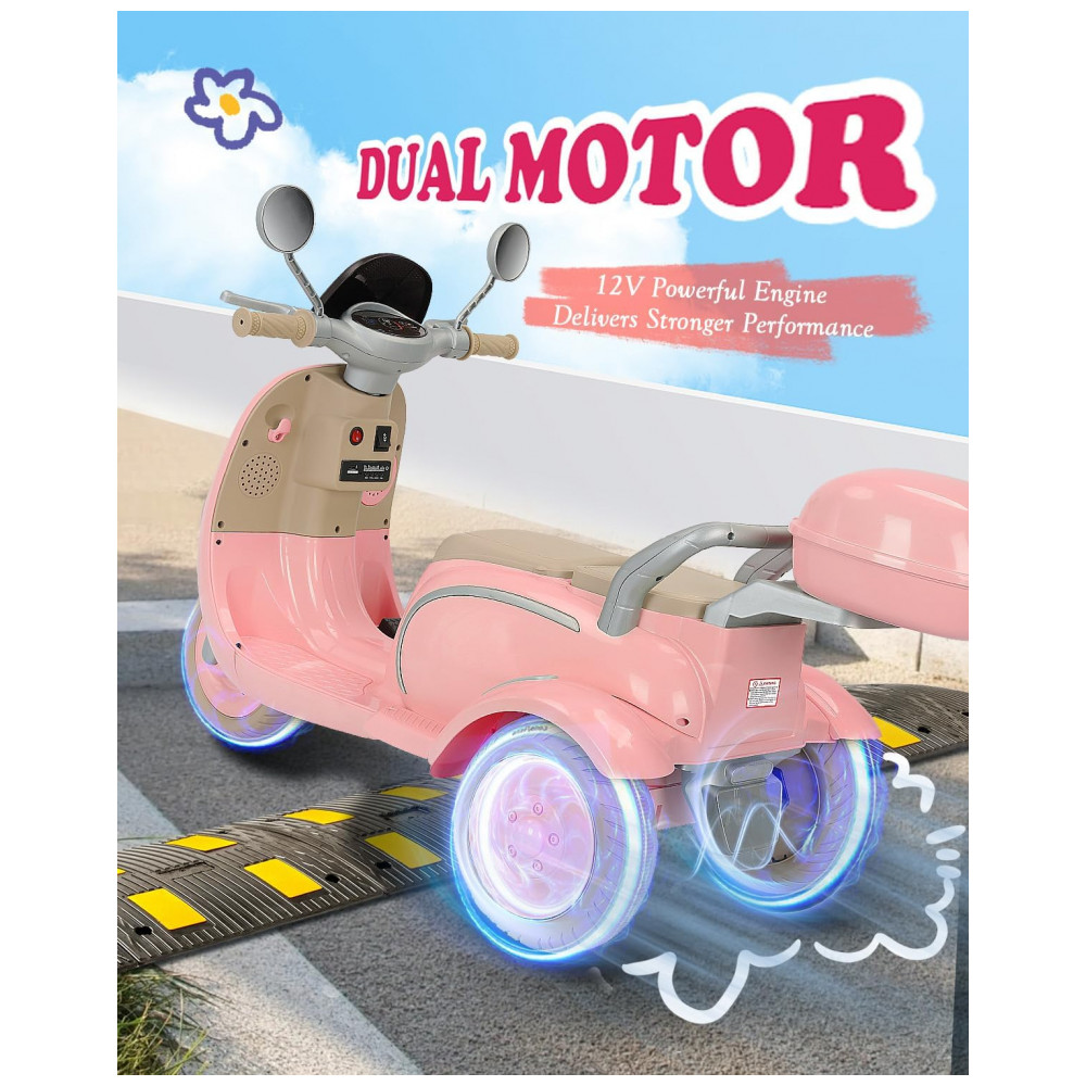 Moto Elétrica Infantil Letsgoride 12V Rosa Claro 2 Lugares 3 Rodas com Controle Remoto Baú Bluetooth LED e Buzina 2x50W - Imagem 2