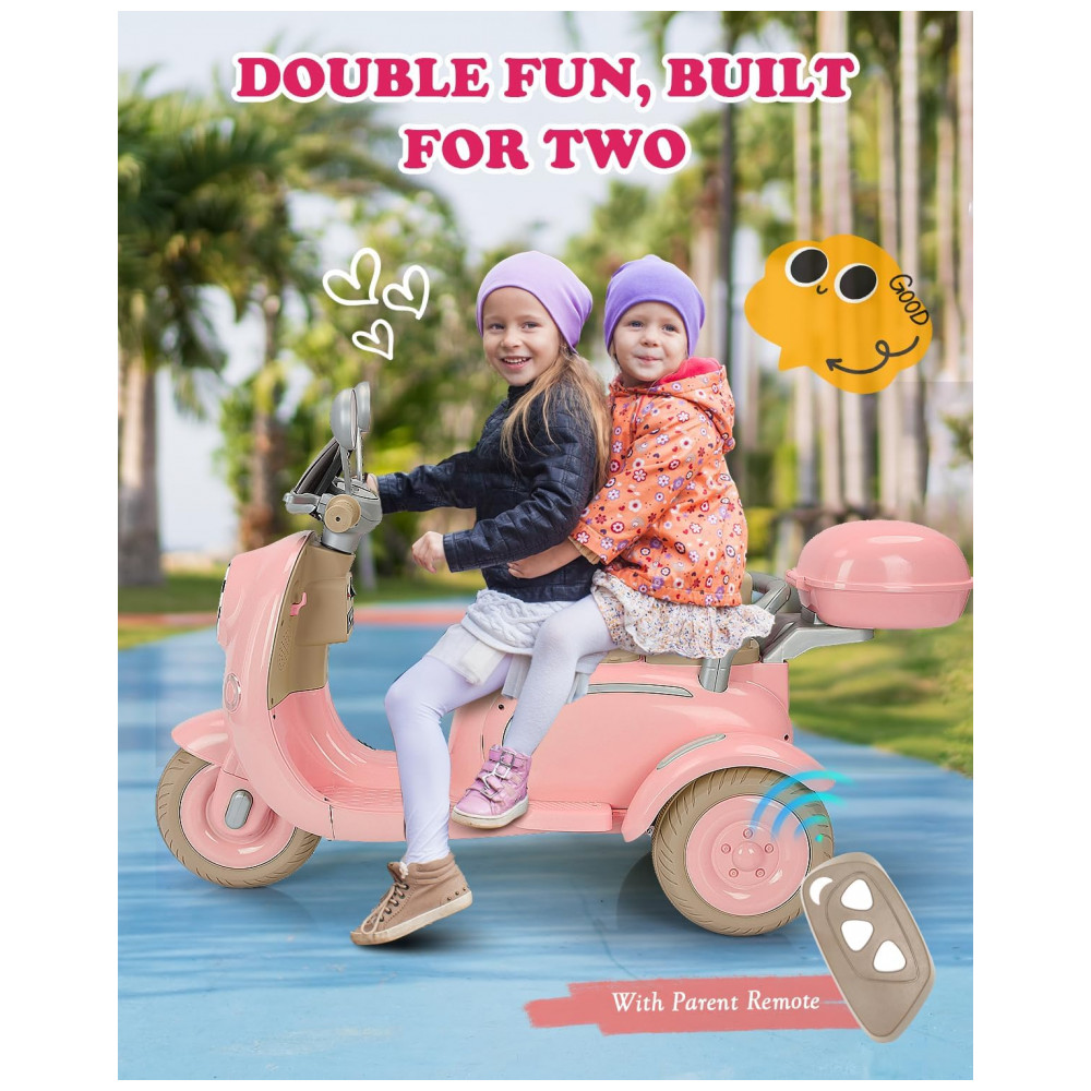 Moto Elétrica Infantil Letsgoride 12V Rosa Claro 2 Lugares 3 Rodas com Controle Remoto Baú Bluetooth LED e Buzina 2x50W - Imagem 3