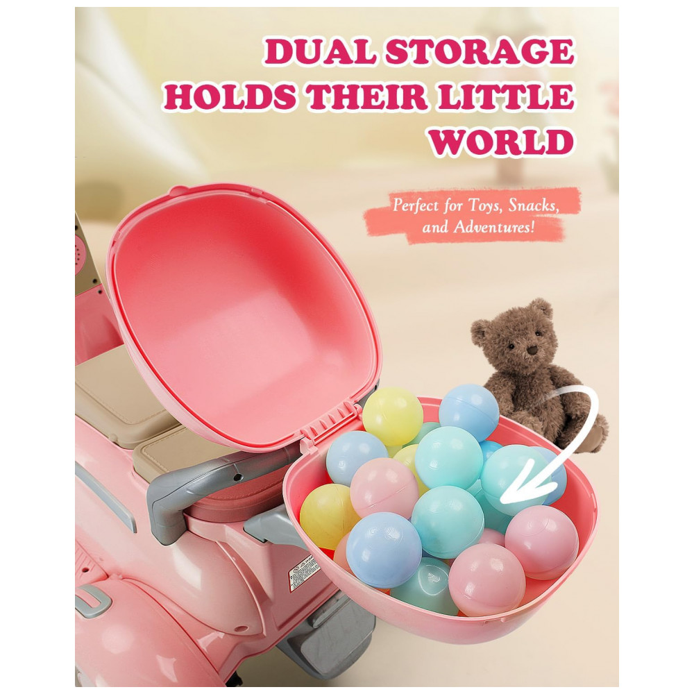 Moto Elétrica Infantil Letsgoride 12V Rosa Claro 2 Lugares 3 Rodas com Controle Remoto Baú Bluetooth LED e Buzina 2x50W - Imagem 5