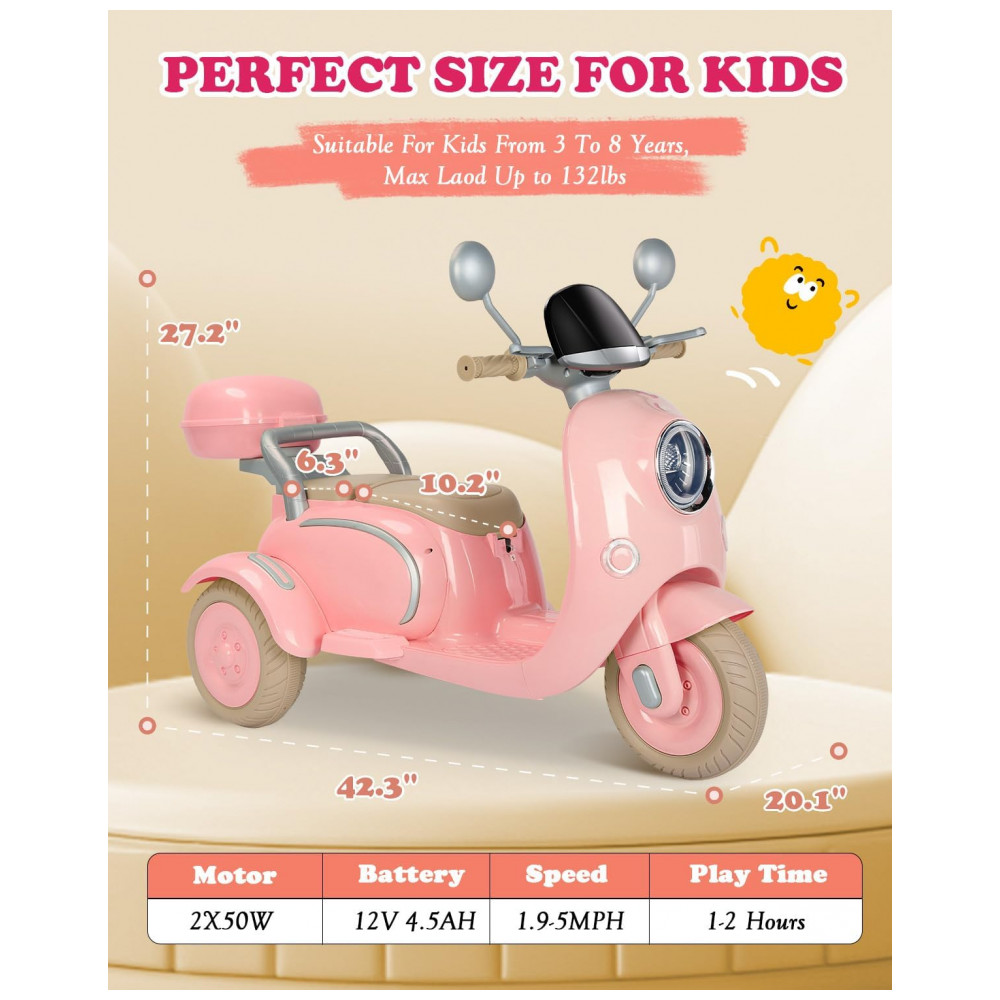 Moto Elétrica Infantil Letsgoride 12V Rosa Claro 2 Lugares 3 Rodas com Controle Remoto Baú Bluetooth LED e Buzina 2x50W - Imagem 6