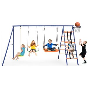 Balanço Infantil 6 em 1 SIHANM Multijogos Colorido Metal Reforçado com 3 Assentos Ajustáveis Escada Rede Cesta de Basquete