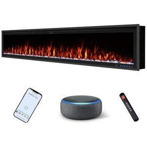 Lareira Elétrica de Embutir A42x223L cm com Controle Remoto por APP Wi-Fi Chamas 3D Realistas Temporizador Toras e Cristais 110V 1500W Benrocks BI88Z Preta