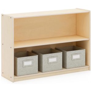 Estante baixa Guidecraft EdQ Two Shelf Open Storage 30" Natural com 2 prateleiras abertas e 3 caixas de tecido 107cm