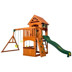 Playground Infantil com Caixa de Areia Prateleira de Lanches Parede de Escalada Escorregador 2 Balanços e Barra de Acrobacias Backyard Discovery Verde