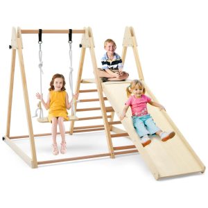 Playground HONEY JOY Indoor 5-em-1 Para Crianças Com Balanço Rampa Escorregador Escada e Parede de Escalada Dobrável Estilo Montessori Waldorf.