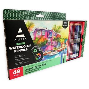 Conjunto de lápis de cor aquarela Arteza para colorir adulto 49 lápis triangulares apontados para desenho ideal para adolescentes e adultos suprime