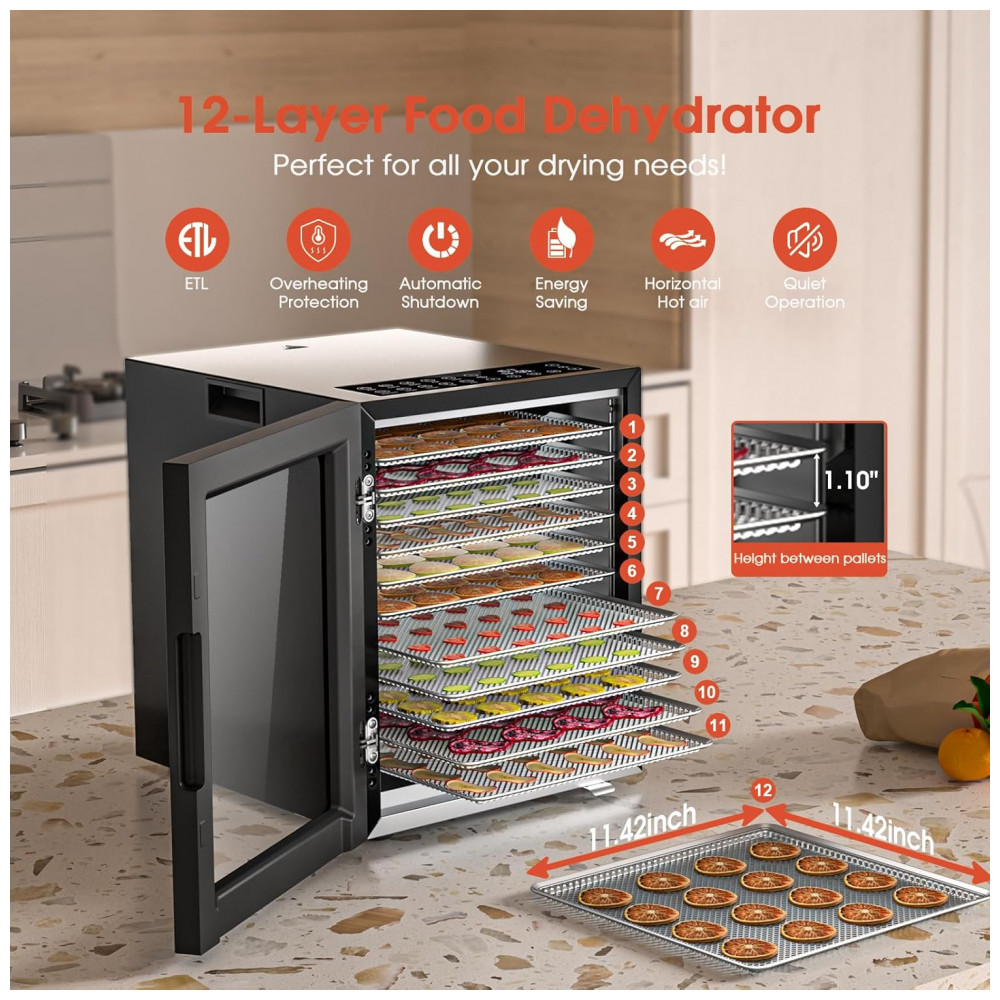 Desidratador de Alimentos PSIIDAN, 12 Bandejas em Aço Inoxidável, 850W, Temporizador Digital de 48 Horas e Temperatura Ajustável, Desidratador - Imagem 3