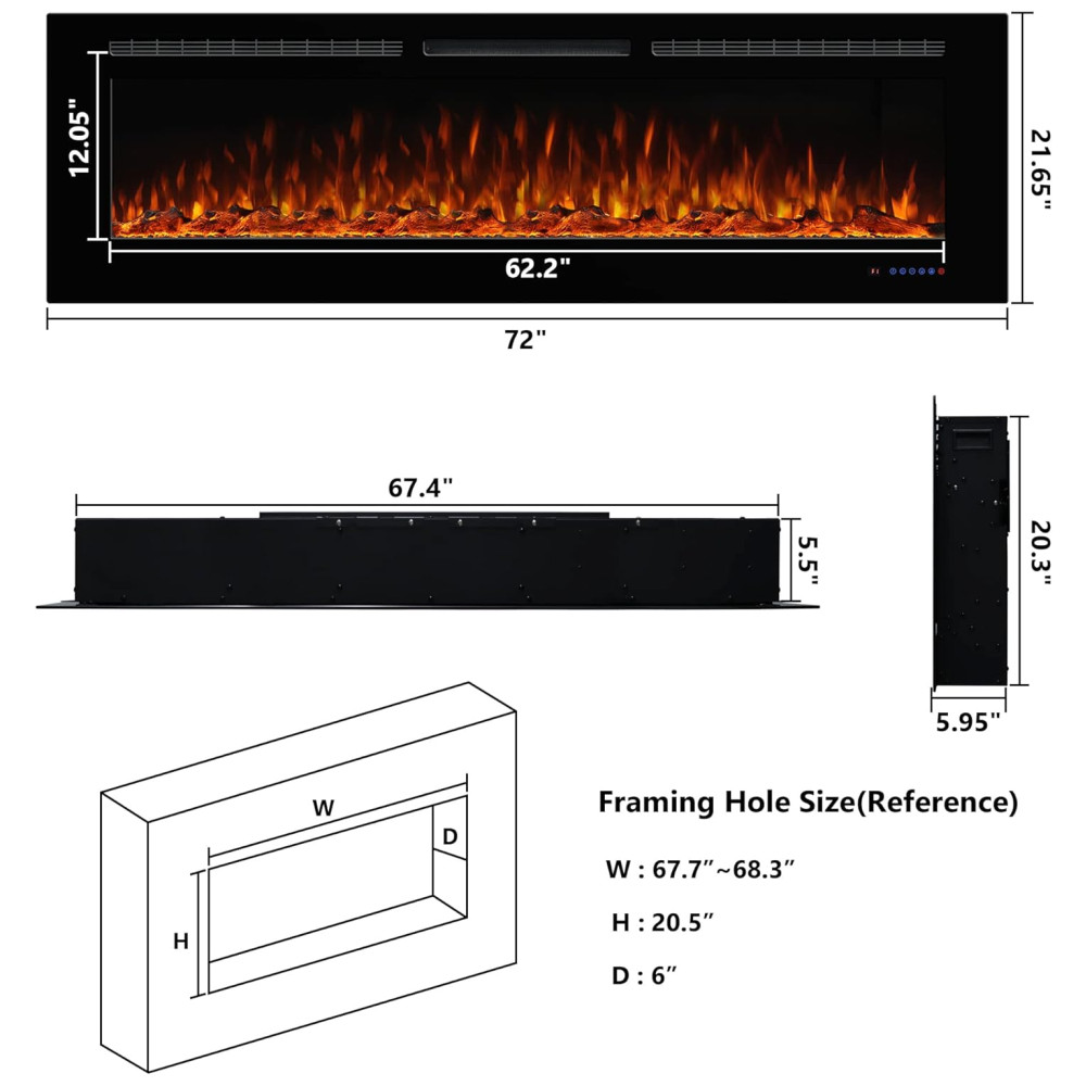 Lareira Elétrica de Embutir A54x182L cm com Temporizador Chama Multicolorida Controle Remoto e Wifi 110V 1500W Dreamflame Preta - Imagem 4