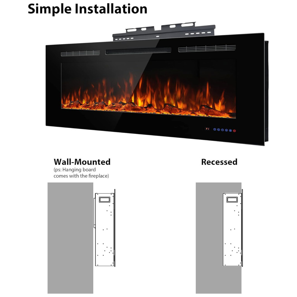 Lareira Elétrica de Embutir A54x182L cm com Temporizador Chama Multicolorida Controle Remoto e Wifi 110V 1500W Dreamflame Preta - Imagem 8