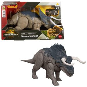 Dinossauro articulado Mattel Jurassic World Rebirth Wild Roar Nasutoceratops com ataque pela cauda rugido e integração digital via app