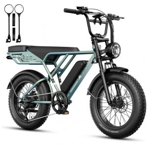 Bicicleta elétrica Jasion RetroVolt Pro verde menta pneus 20x4 motor 750W pico 3000W bateria 52V 20Ah freios hidráulicos suspensão dupla para-lamas 110V