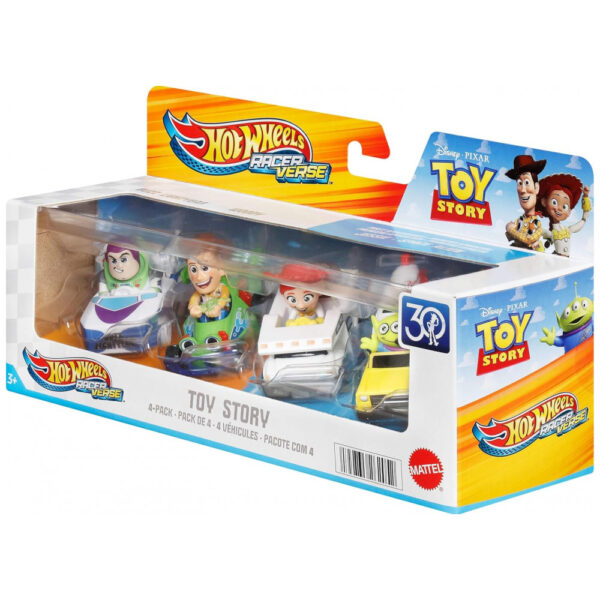 Conjunto Hot Wheels RacerVerse, Pack com 4 Miniaturas de Carros de Brinquedo na Escala 1:64, Otimizadas para Pistas com Personagens da Cultura Pop com
