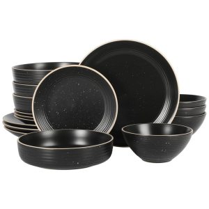 Aparelho de Jantar de Pedra de 16 Peças Gibson Home Dinah Bowl Duplo de Jantar com Relevo em Alto-Relevo Preto Fosco - Serviço para 4