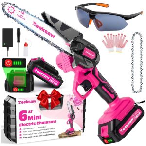 Mini Motosserra Elétrica sem Fio com 2 Baterias 21V para Poda de Galhos 900W Zeeksaw Rosa