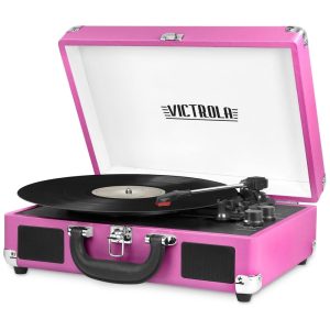 Toca Discos Portátil Bluetooth Vintage de 3 Velocidades com Alto-Falantes Embutidos Victrola Rosa