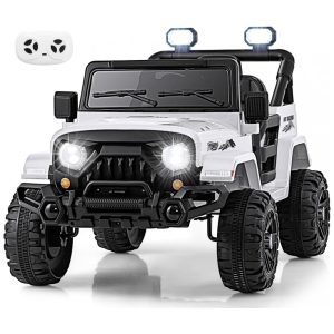 Carro Elétrico Infantil OLAKIDS Branco 12V Controle Remoto Jeep LED Bluetooth 2 Velocidades Suspensão Música USB MP3 3-8 Anos