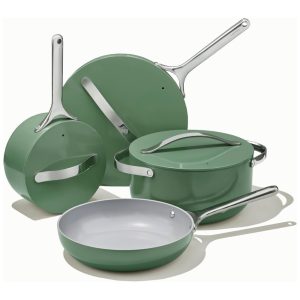 Conjunto de Panelas em Cerâmica Antiaderente 12 Peças Livre de PTFE e PFOA Seguro para Forno e Fogão Caraway Verde