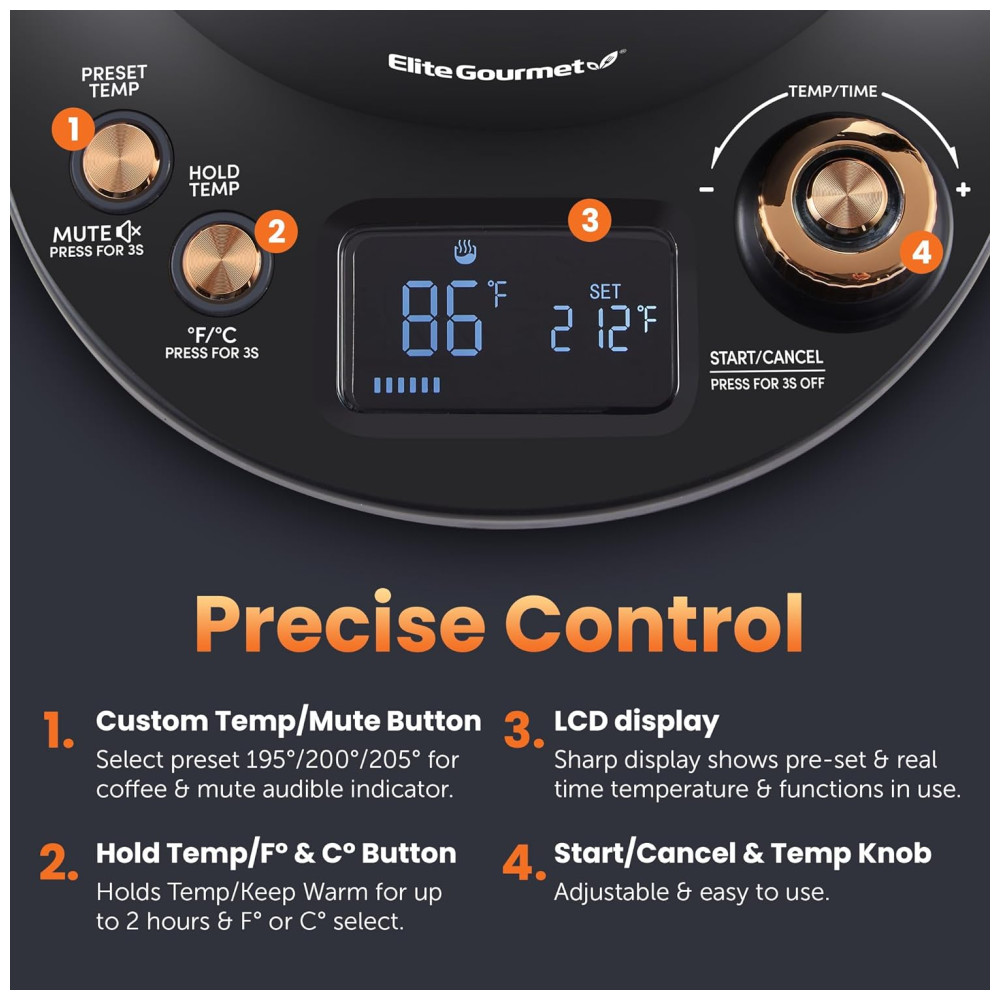 Chaleira Eletrônica de Luxo Elite Gourmet EKT3001 1L Interior em Aço Inox 304 Programação de Temperaturas Manter Quente Sem Fio Base Giratória Desligamento Automático. - Imagem 2