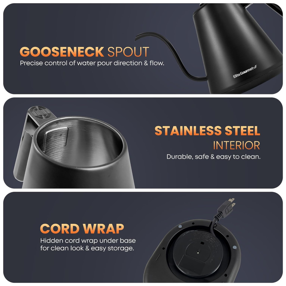 Chaleira Eletrônica de Luxo Elite Gourmet EKT3001 1L Interior em Aço Inox 304 Programação de Temperaturas Manter Quente Sem Fio Base Giratória Desligamento Automático. - Imagem 4