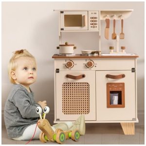 Cozinha Educativa de Brinquedo ROBUD Kids Modelo Mocha Montessori em Madeira com Dispensador de Gelo Acessórios para Crianças de 3 a 8 Anos