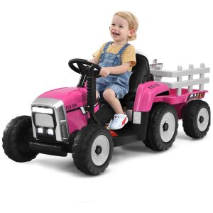 Trator Elétrico Infantil 2 em 1 com Reboque Controle Remoto Câmbio de 3 Marchas Música USB e Bluetooth 12V Olakids Rosa