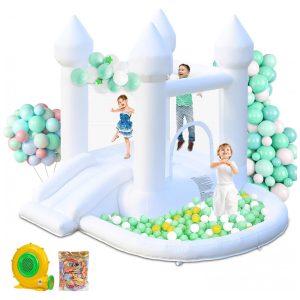 Castelo Inflável AONESY Branco com Piscina de Bolinhas e Escorregador 28 x 25 x 23 m Portátil para Uso Interno e Externo