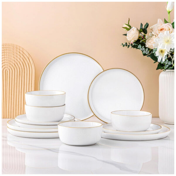 Conjunto de Louça AmorArc, 12 Peças em Cerâmica Branca Pintada à Mão, Pratos e Tigelas, Seguro para Micro-ondas e Lava-louças, Para Servir 4 Pessoas