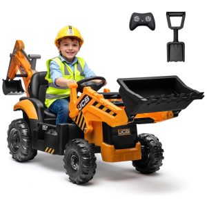 Carro Elétrico Infantil 2 Lugares Escavadeira 3 em 1 JCB 3CX Licenciado 24V 2 Motores 120W Controle Remoto Banco Reversível Cinto de Segurança