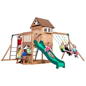 Playground Infantil com Mesa de Piquenique Barras de Macaco Escorregador 2 Balanços e Barra de Acrobacias Backyard Discovery Verde
