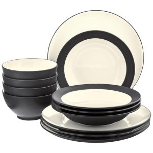 Aparelho de Jantar Elegância e Sofisticação para Sua Mesa com 12 Peças Formato Redondo e Material de Cerâmica Noritake Branco e Preto