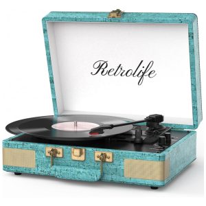 Toca-discos Retrolife 3 Velocidades Bluetooth Portátil Maleta Vinil com Alto-falantes Embutidos em Couro PU Azul Vintage