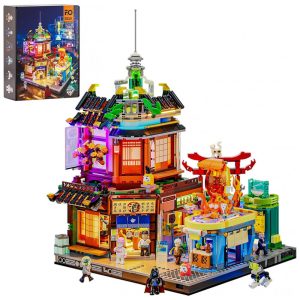 Kit Construção FUNWHOLE Izakaya Japonês Cyberpunk com Iluminação LED 1987 Peças Sistema Modular USB Modelo F9073