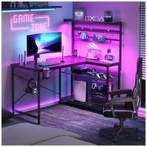 Mesa Gamer de Fibra de Carbono 42" 106 cm com Gancho para Fone de Ouvido Luz LED Porta-Copos Tomadas Mesa de Canto Reversível e Prateleiras 110V Bestier Preto