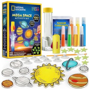 Kit de Atividades do Espaço Mega National Geographic - Kit de Ciência Luminescente para Crianças com 100 Peças Lançamento de Foguete Blue Marble