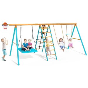 Playground Infantil de Metal com Cesta de Basquete Barra de Trapézio Redes de Escalada e 2 Balanços Osoeri OS-SW01 Azul